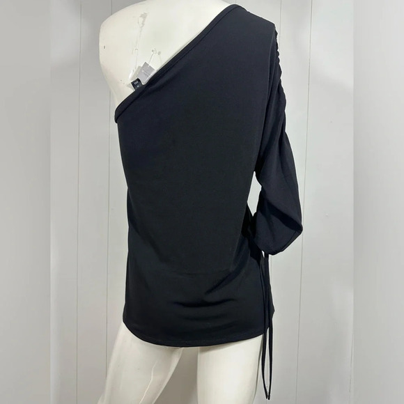NWT NY & CO Women’s Sz M one shoulder black white blouse 3/4 Sleeve stretch - Picture 8 of 10